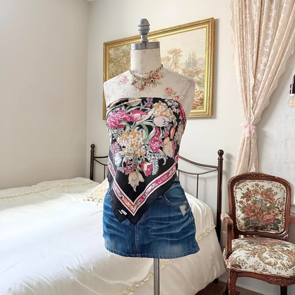 Vintage black floral scarf with pink tulip print oversized statement scarf